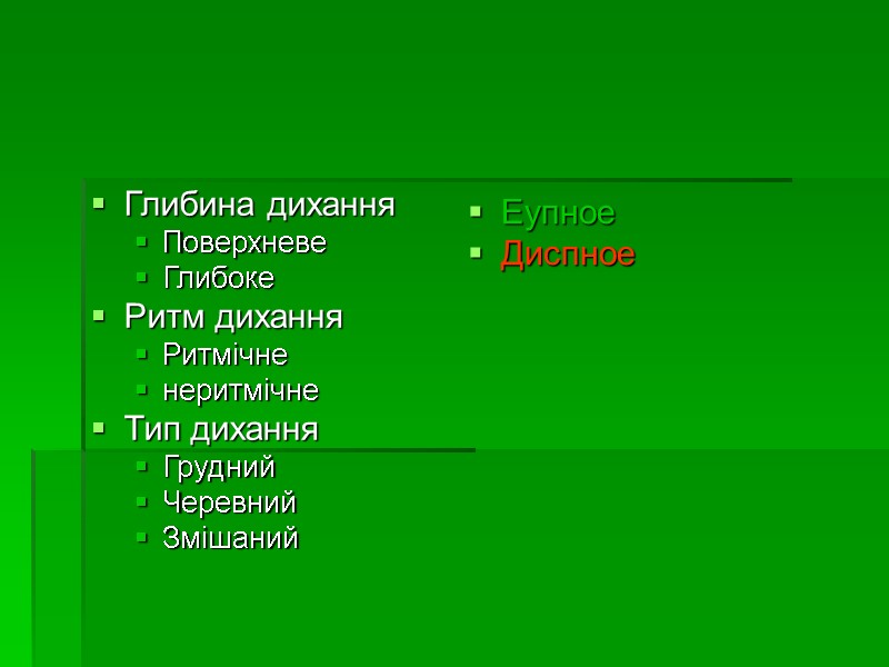 Глибина дихання Поверхневе Глибоке Ритм дихання Ритмічне неритмічне Тип дихання Грудний Черевний Змішаний 